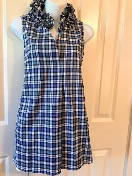 Sara Campbell Tops - Ladies Plaid Ruffle Collar Sleeveless top - Blue & White, size L